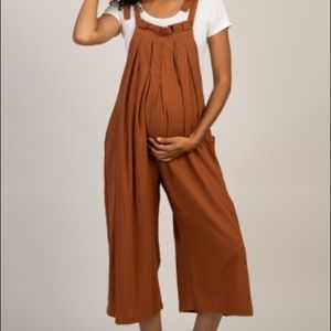 Camel Solid Pleated Tie Strap Jumpsuit (Maternity)